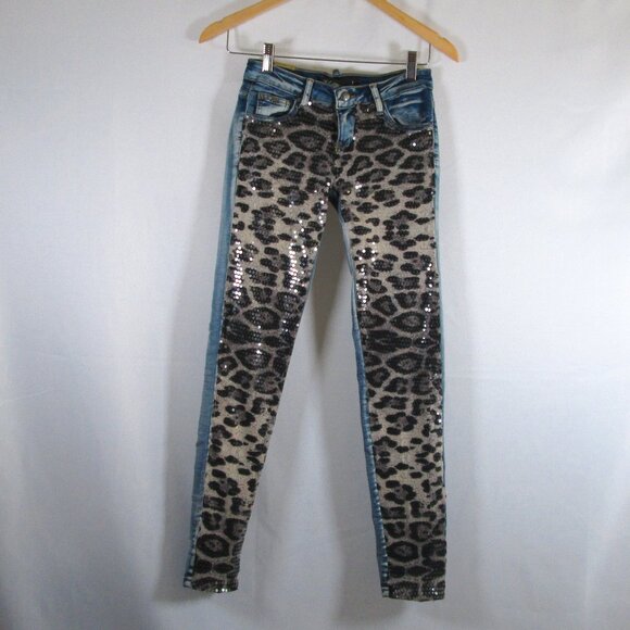Sparkle Womens Blue Super Skinny Jeans Leopard Print & Sequin Front Size 1 NWT - Picture 1 of 10